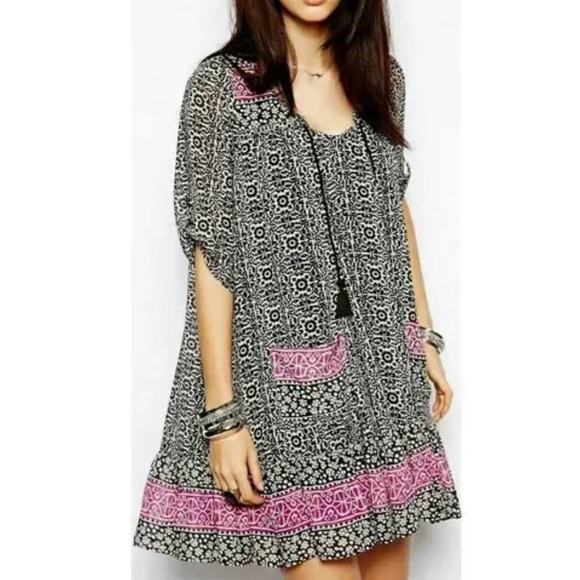 FREE PEOPLE Mini Dress Sheer Chiffon Flowy Dark‎ Purple Floral Ruffles Pockets M - Picture 1 of 17